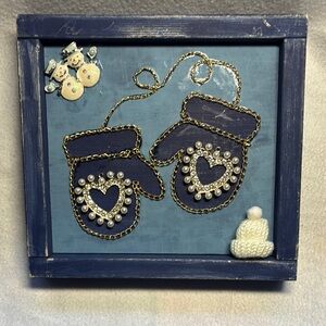 Blue and Gold Mittens Wall Decor with Pom-Poms